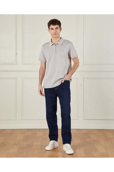 REDTAG Men Beige Zip Placket Jacquard Polo Shirt