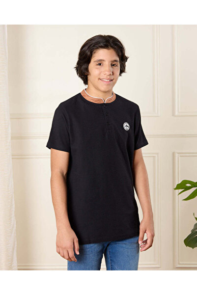 REDTAG Senior Boys Black Embellished Polo Shirt