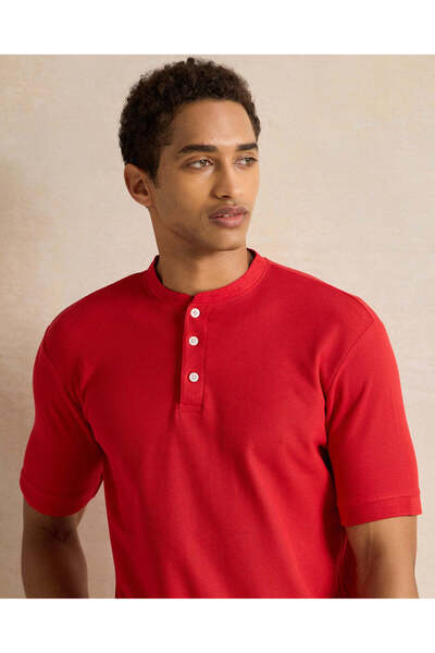 REDTAG Men Red Henley Polo Shirt