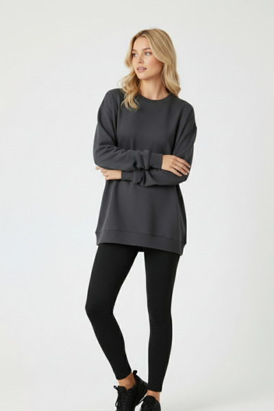 KOZİA OUTDOORS Baskısız Basic Oversize Bisiklet Yaka Şardonlu Unisex Rahat Kalıp Sweatshirt