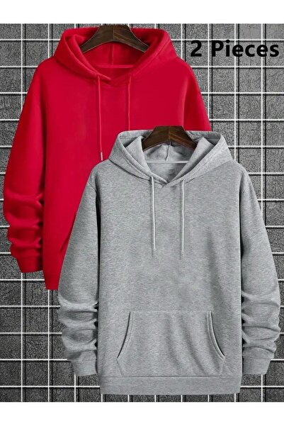 zeag УНІСЕКС ЧЕРВОНО-СІРИЙ БЕЗПРИНТОВИЙ ПЛОСКИЙ ДВОЯРОВИЙ СВІТШОТ З КАПЮШОНОМ