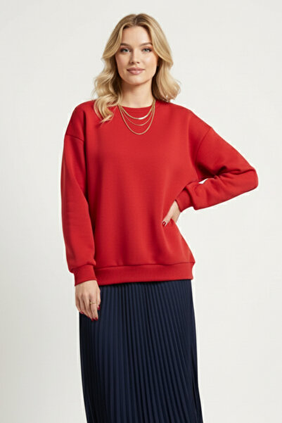 KOZİA OUTDOORS Baskısız Basic Oversize Bisiklet Yaka Şardonlu Unisex Rahat Kalıp Sweatshirt