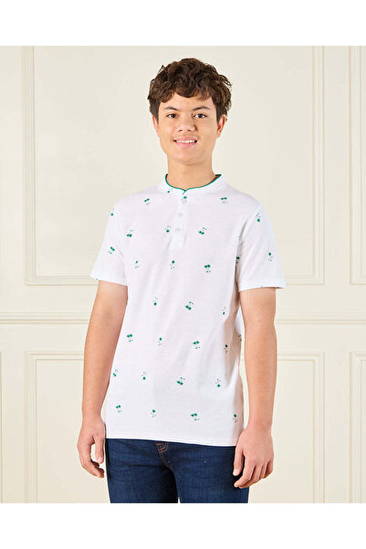 REDTAG Senior Boys White Printed Mandarin Collar Polo Shirt