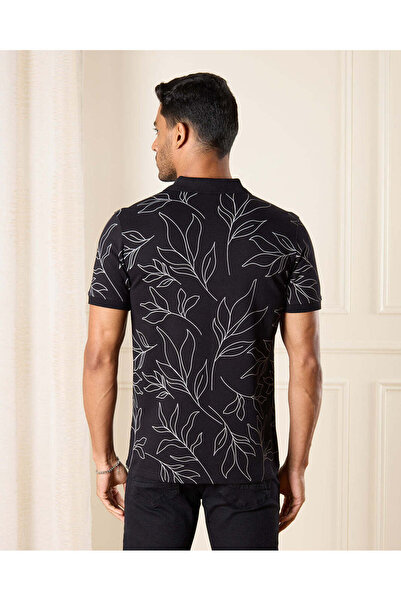REDTAG Men Black Leaves Print Polo Shirt