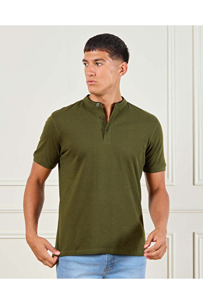 REDTAG Men Olive Standup Collar Polo Shirt