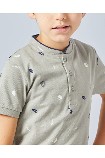 REDTAG Boys Grey Skate Printed Mandarin Collar Shirt