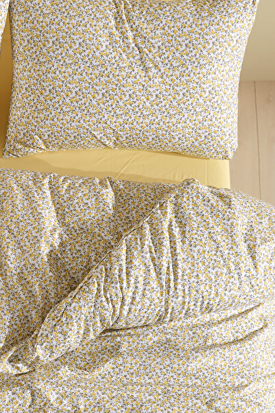 LADYNİL 100% Cotton Double Duvet Cover Set with Elastic Sheet Yellow Flower