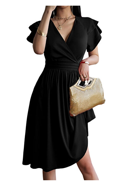 OEM Elegant long dress above the knee, with short sleeves, Black S