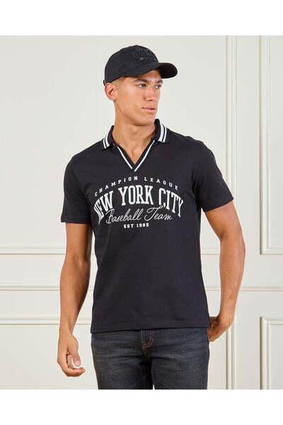 REDTAG Men Black New York Print Polo Shirt