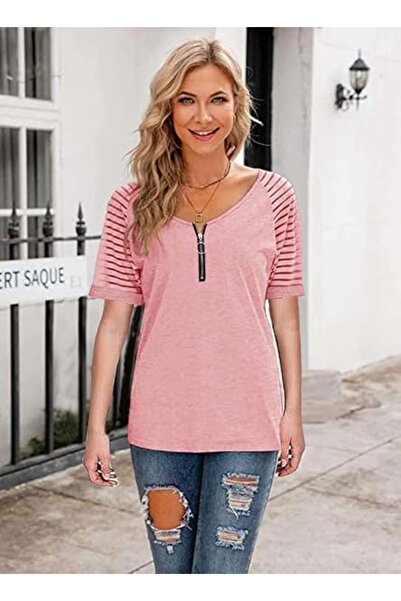 OEM Women's summer t-shirt, pink with zipper S
