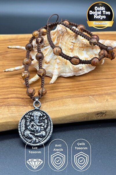 Balzamin Design قلادة فولاذية بتصميم خاص مع حجر الغانيشا التبتي والأحجار الطب...