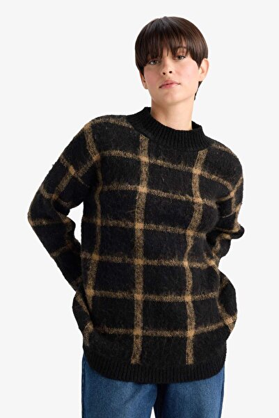 DeFacto supradimensionat Pulover tricotat cu carouri cu jumătate de gât lat G3385AX25WN