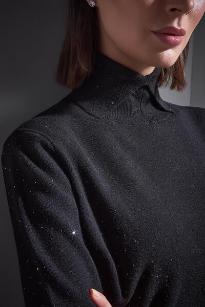 JOIN US Polo Neck Stone Printed Black Knitwear Sweater