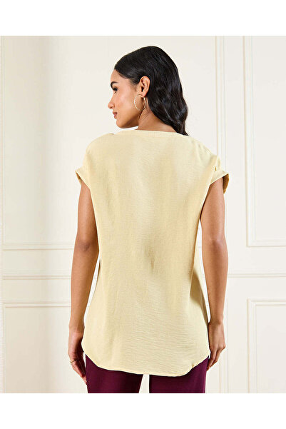 REDTAG Women Yellow Drop Shoulder Roll Up Sleeve Blouse