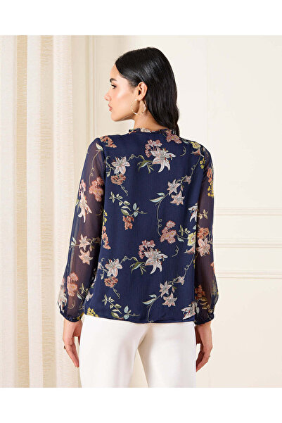 REDTAG Women Navy Printed Frill Neck Detailed Georgette Blouse