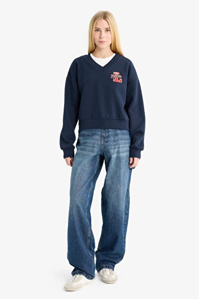 DeFacto Coool Loose Fit V-Neck Printed Sweatshirt F9910Ax25Au