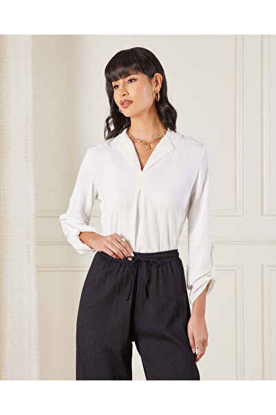 REDTAG Women Ivory Lapel Button Front Blouse