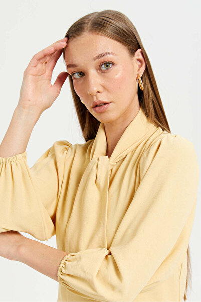 REDTAG Women Yellow Textured Pussy Bow Blouse