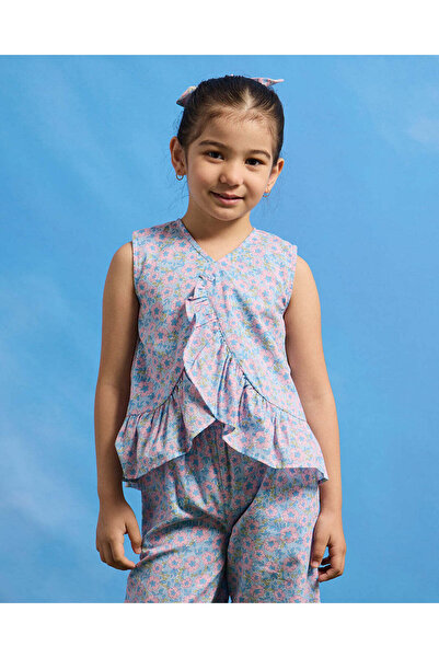 REDTAG بلوزة زرقاء مطبوع بالورود للبنات مع رباط شعر (قطعتان)