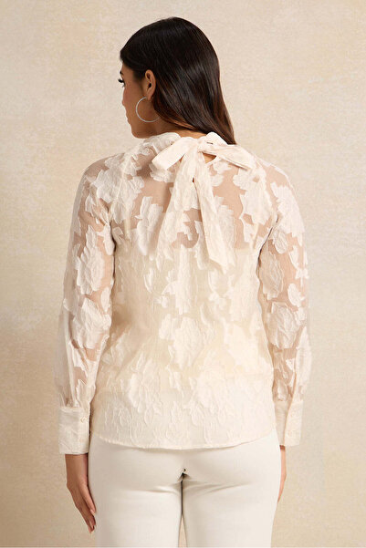 REDTAG Women Cream Floral Jacquard Closed Neck Blouse