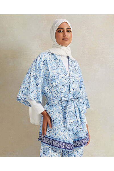 REDTAG Women Blue Printed Open Front Belted Blouse