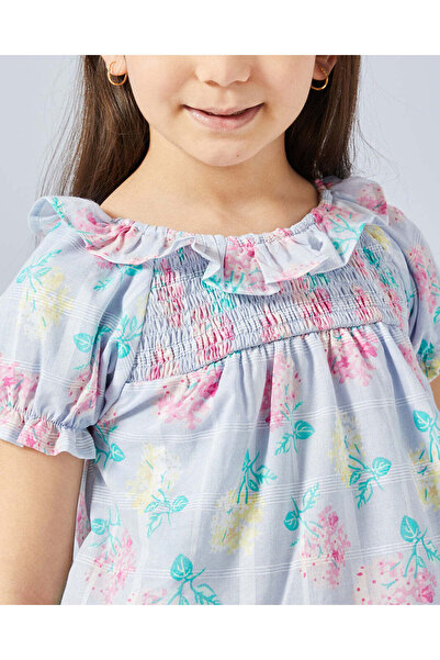 REDTAG Girls Blue Floral Print With Frill Sleeve Blouse