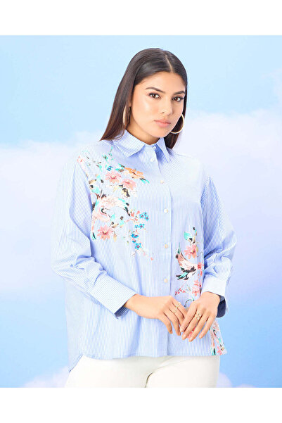 REDTAG Women Blue Floral Print Striped Shirt