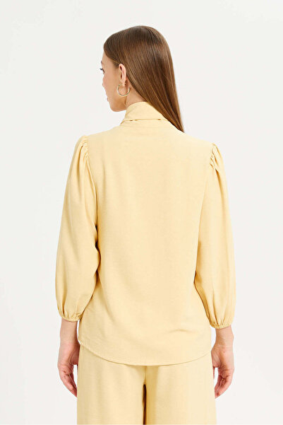 REDTAG Women Yellow Textured Pussy Bow Blouse