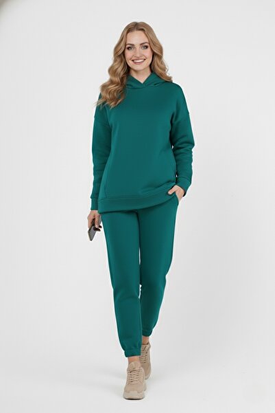 CrazyShopping Women's Three Thread Fleece Oversize Tracksuit Set with Elastic Waist and Legs