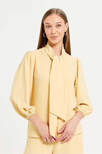 REDTAG Women Yellow Textured Pussy Bow Blouse