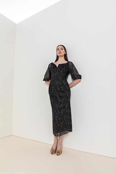 KAMEYA KARE YAKA MİDİ ELBİSE 26W40849