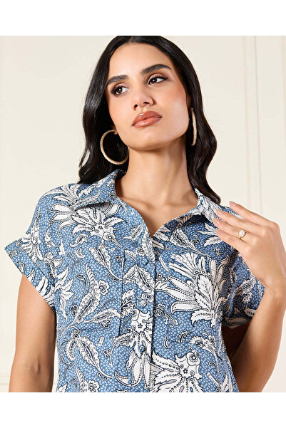 REDTAG Women Blue Printed Button Down Shirt