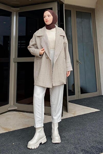 lamelif Παλτό με ζιγκ-ζαγκ σχέδιο ψαροκόκαλο μπεζ