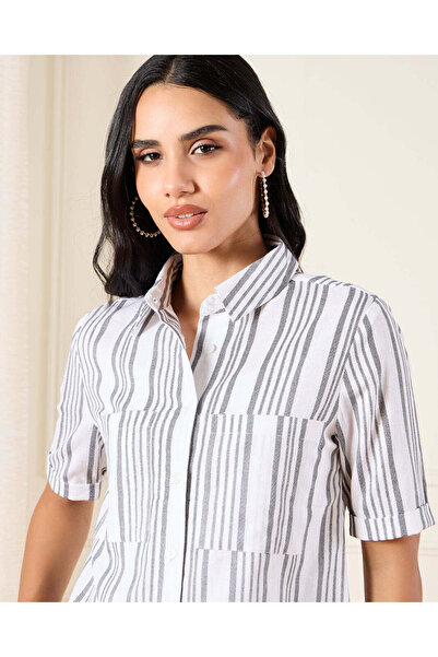 REDTAG Women White Striped Linen Shirt