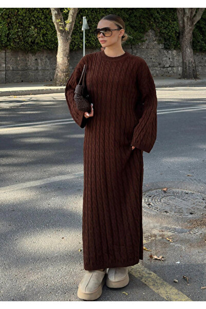 LUSHİGO Women's Crew Neck Hair Braided Knitwear Dress