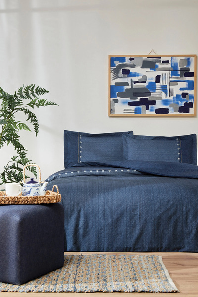 Özdilek طقم غطاء لحاف من قماش الدنيم باللون الأزرق الداكن من أوريغون