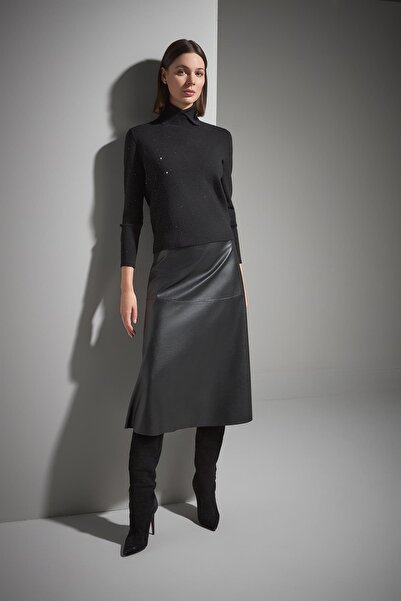 JOIN US Polo Neck Stone Printed Black Knitwear Sweater