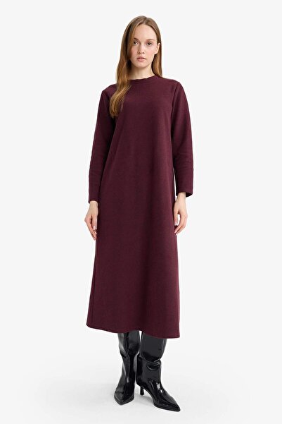 DeFacto Regular Fit Bisiklet Yaka Uzun Kollu Kemerli Maxi Elbise G1885AX25WN