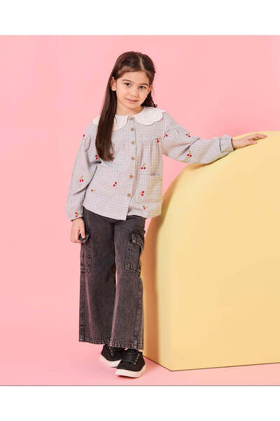 REDTAG Girls Grey All Over Embroidery Lace Collar Blouse