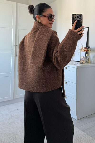 SHILSEE BEUTİQUE Women's Tie-Up Buttoned Corduroy Jacket Brown