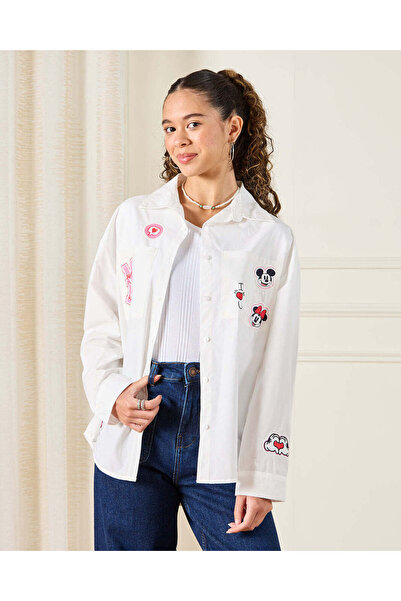 REDTAG Senior Girls White Mickey And Minnie Printed Shirt