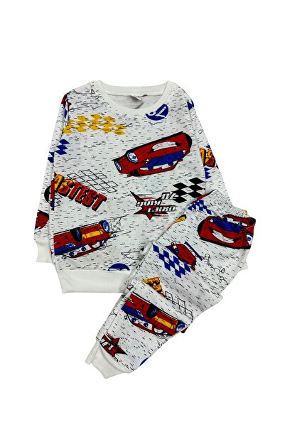 Şekerkids Boy's Two Thread Cotton Sha Fleece-Lined White Color Car Pattern Long Sleeve Pajama Set
