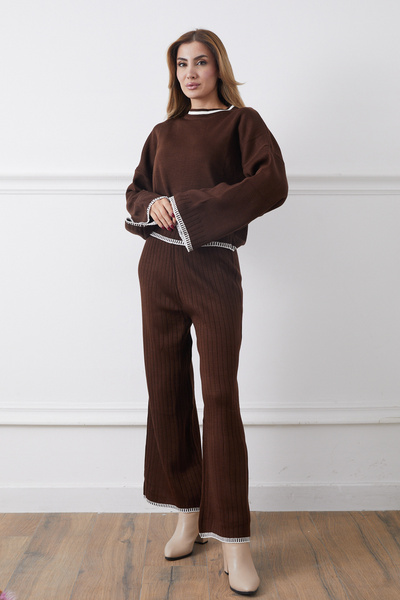 DPARİS Crew Neck Shepherd Stitch Sweater Pants Knitwear Two-Piece Set