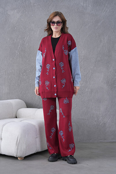 Miss Allos Women's Sleeves Denim Front Beaded Wide Fit Knitwear Cardigan and Pants Bottom-Top Set