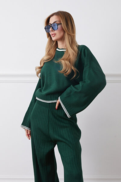 DPARİS Crew Neck Shepherd Stitch Sweater Pants Knitwear Two-Piece Set