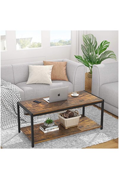 HXDream Industrial 2-Tier Coffee Table with Storage Shelf - Rustic Brown Wood Look & Metal Frame