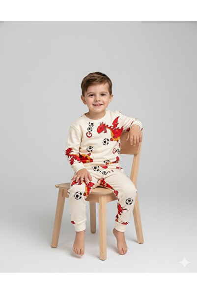 Arya Nisa Kids Boys' Fleece-Lined 100% Cotton Red Dinosaur Football Ball Figure Printed Pajama Set