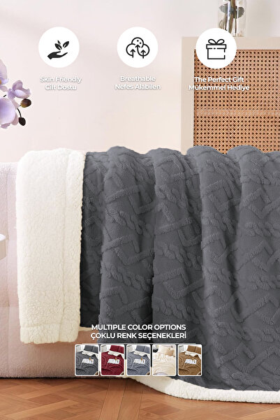Evlen Home Collection Pufly Jakar Sherpa Battaniye Seti Çift Kişilik 3 Parça Yumuşak Peluş Wellsoft Yatak Örtüsü Antrasit