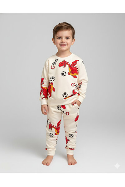 Arya Nisa Kids Boys' Fleece-Lined 100% Cotton Red Dinosaur Football Ball Figure Printed Pajama Set