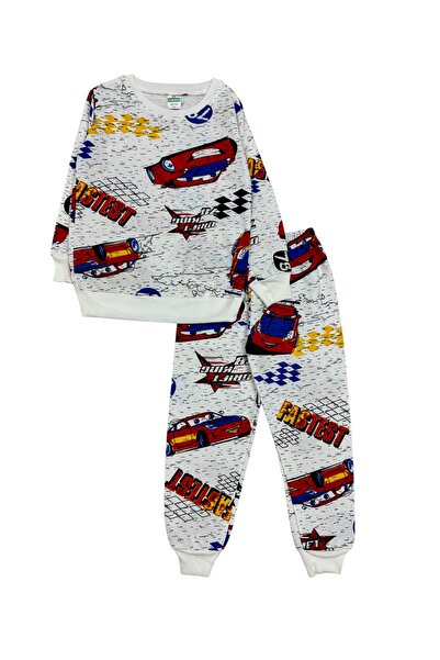 Şekerkids Boy's Two Thread Cotton Sha Fleece-Lined White Color Car Pattern Long Sleeve Pajama Set